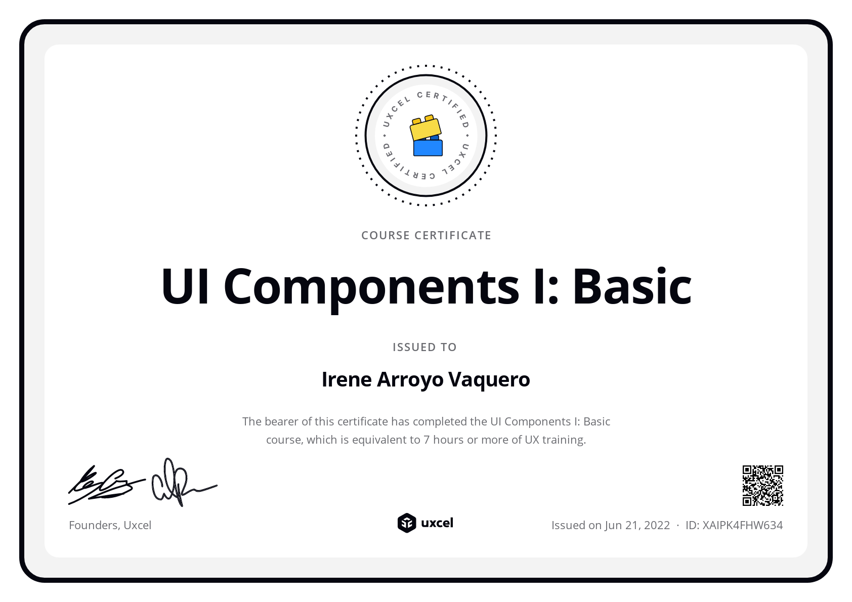 Irene Arroyo Vaquero's certificate